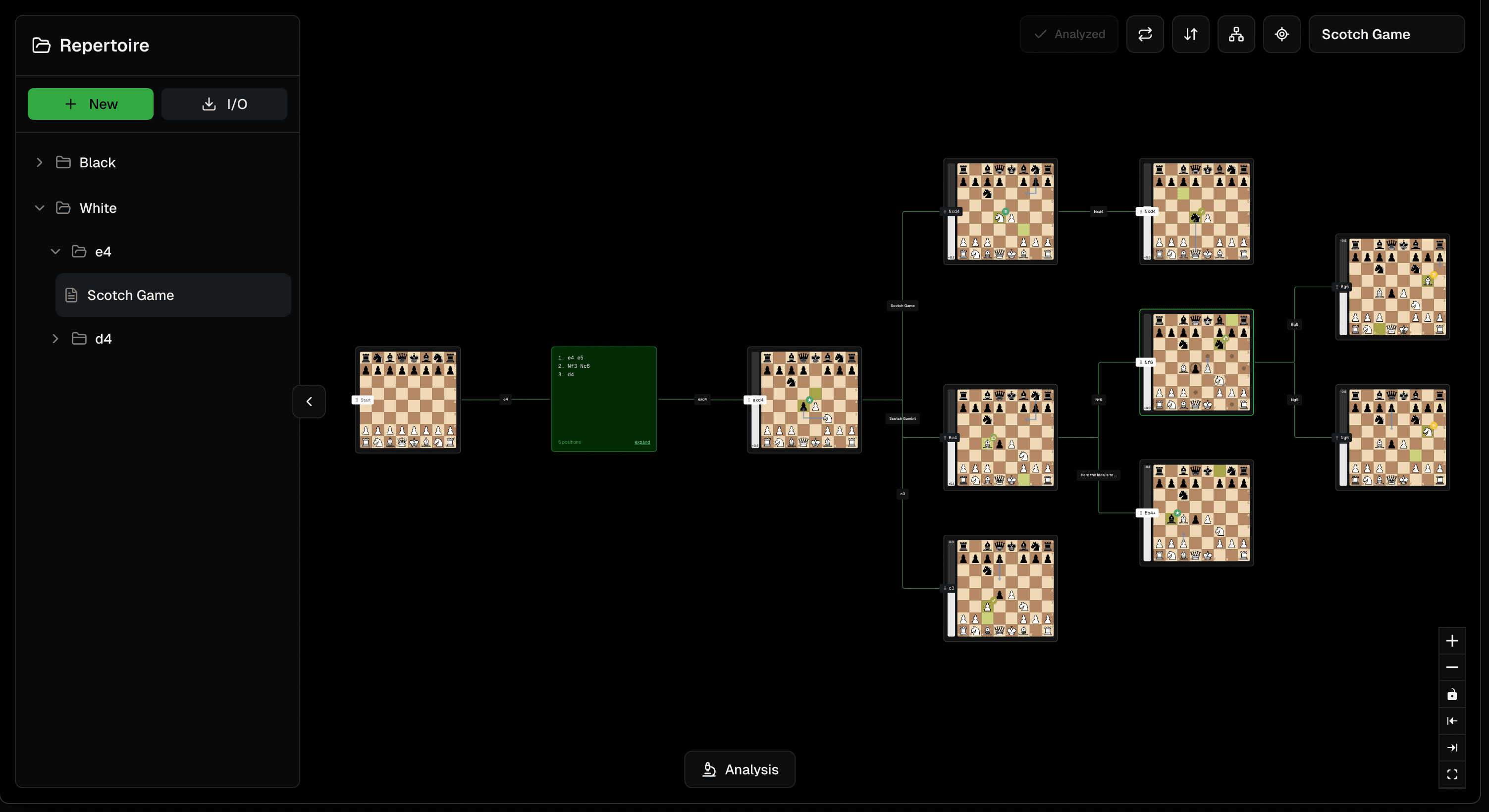 Chesstrie app showing a visual tree of the Scotch Game opening repertoire with connected chess board positions
